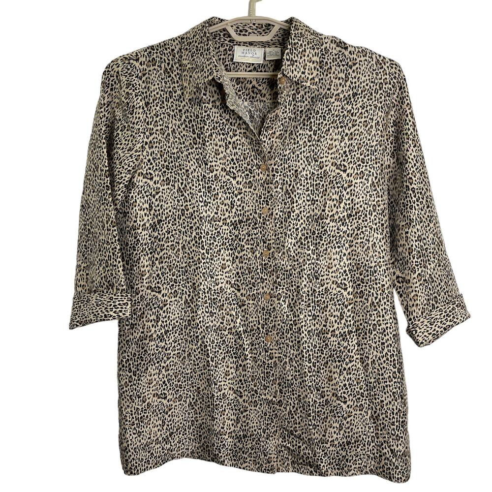Field Manor Vintage 100% Silk Leopard Print Tunic Blouse Top Size Medium